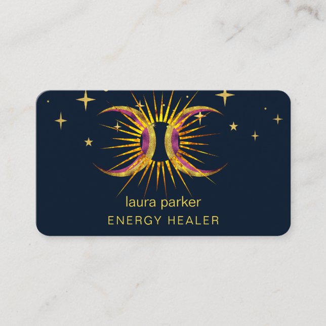 Cartão De Visita Curandeira de Reiki Crescente Mística Lua Sol (Frente)