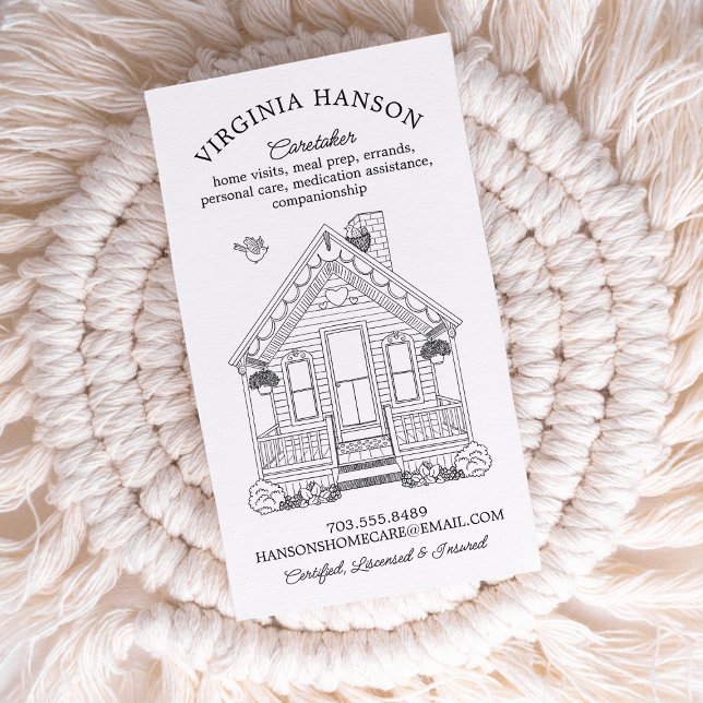 Cartão De Visita Curiosa Casa Unida Prestadora de Cuidados (Cute black and white caregiver illustrated business card.)