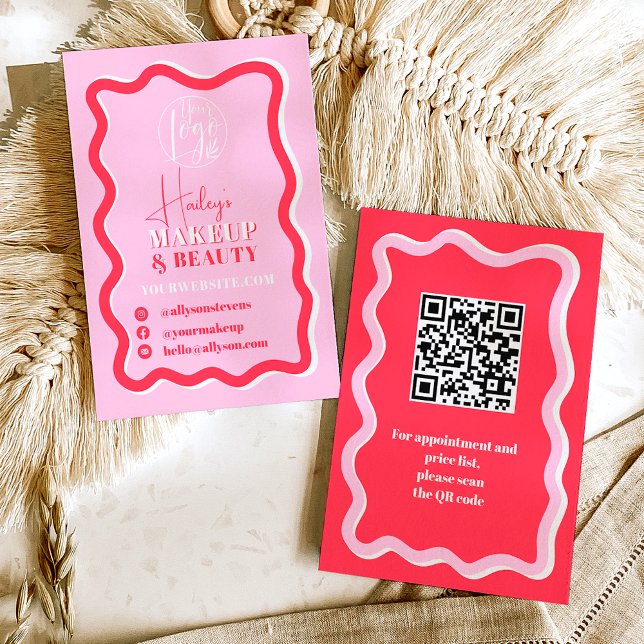 Cartão De Visita Curva vermelha-rosa-retrógrada, curva ondulada, be (Retro pink red curve squiggle wavy makeup beauty business card)
