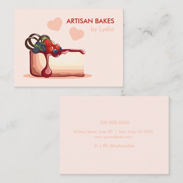 Cartão De Visita Custom Artisan Bakery Business Card with Cake (Frente/Verso)