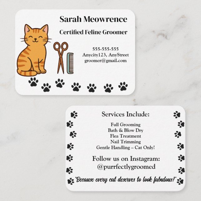 Cartão De Visita Custom Cat Groomer Business Card – Cute Paw Print  (Frente/Verso)