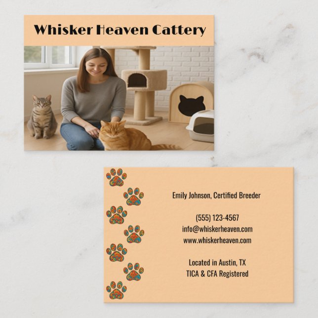 Cartão De Visita Custom Cattery Business Card with Photo  (Frente/Verso)