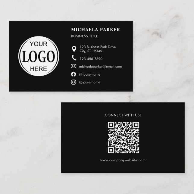 Cartão De Visita Custom Logo Icons Modern Black QR Code (Frente/Verso)
