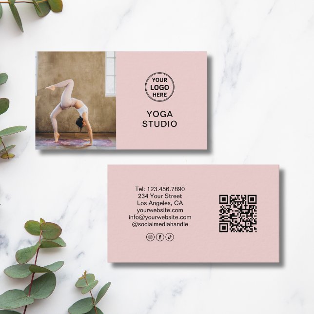 Cartão De Visita Custom Logo Photo QR Yoga Instructor Teacher Pink (Custom Logo Photo QR Yoga Instructor Teacher Pink Business Card)