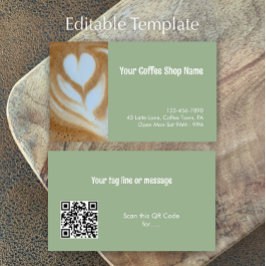 Cartão De Visita Custom Modern Sage Green Coffee Shop Photo QR Code