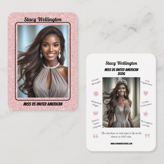 Cartão De Visita Custom Pageant Trading Cards | Rose Gold Glitter (Frente/Verso)