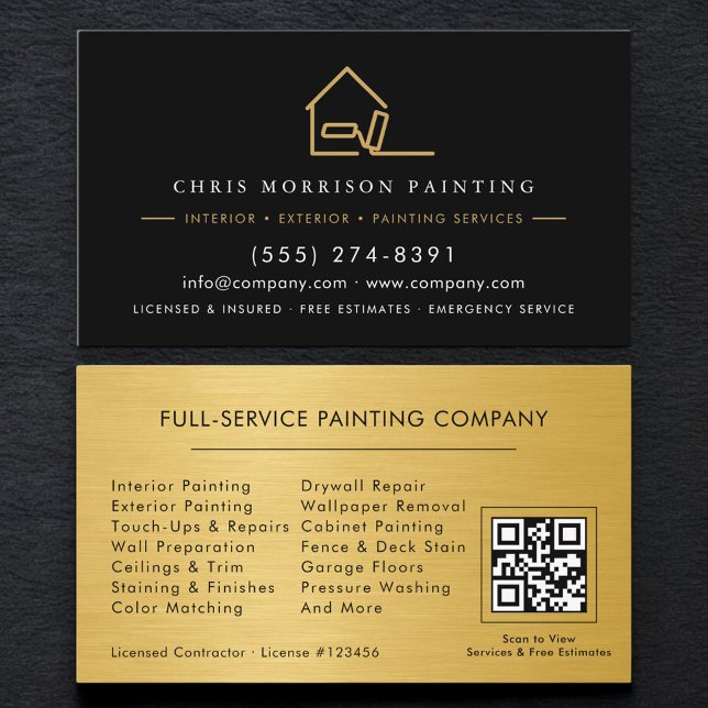 Cartão De Visita Custom Painter Painting Service Black Gold QR Code (Criador carregado)