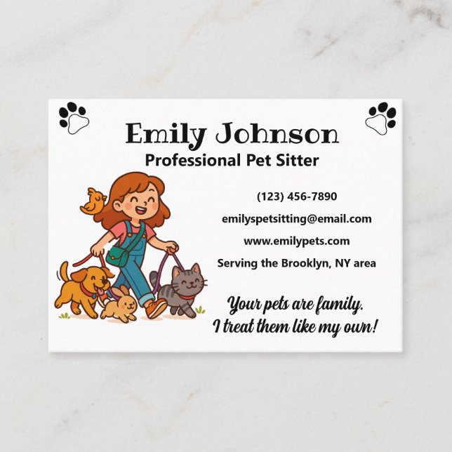 Cartão De Visita Custom Pet Sitter Business Card with Cute Cartoon  (Frente)