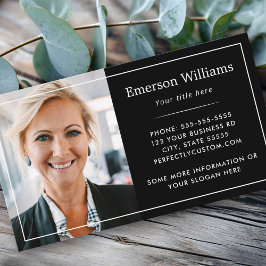 Cartão De Visita Custom photo logo white thin border elegant black