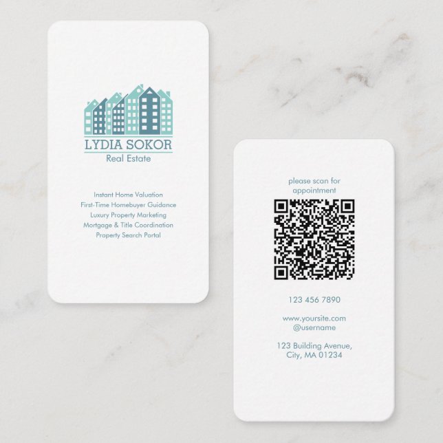 Cartão De Visita Custom Real Estate Business Card with QR Code (Frente/Verso)