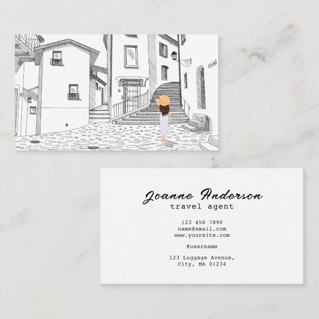 Cartão De Visita Custom Travel Agent Business Card with Cityscape (Frente/Verso)