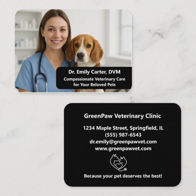 Cartão De Visita Custom Veterinarian Business Card with Photo  (Frente/Verso)
