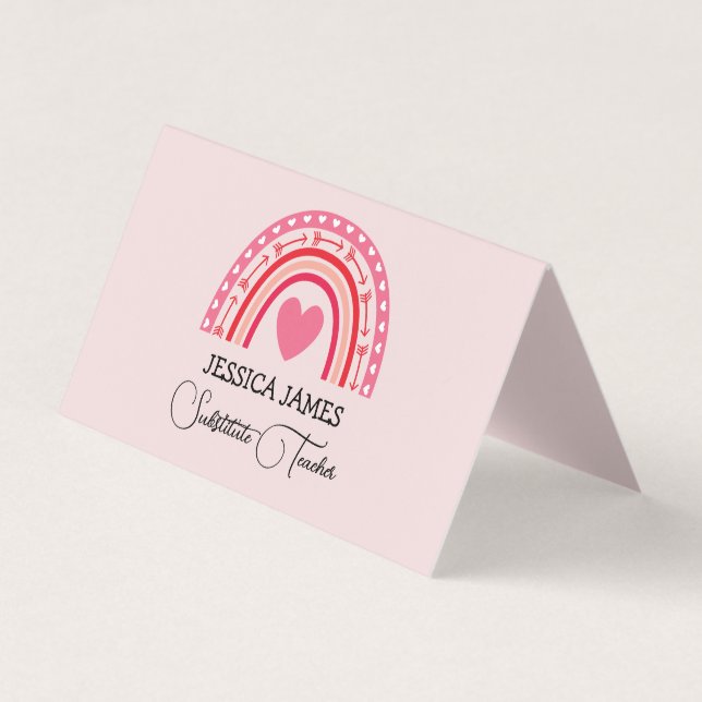 Cartão De Visita  Cute Blue Boho Rainbow Substitute Teacher (Frente)