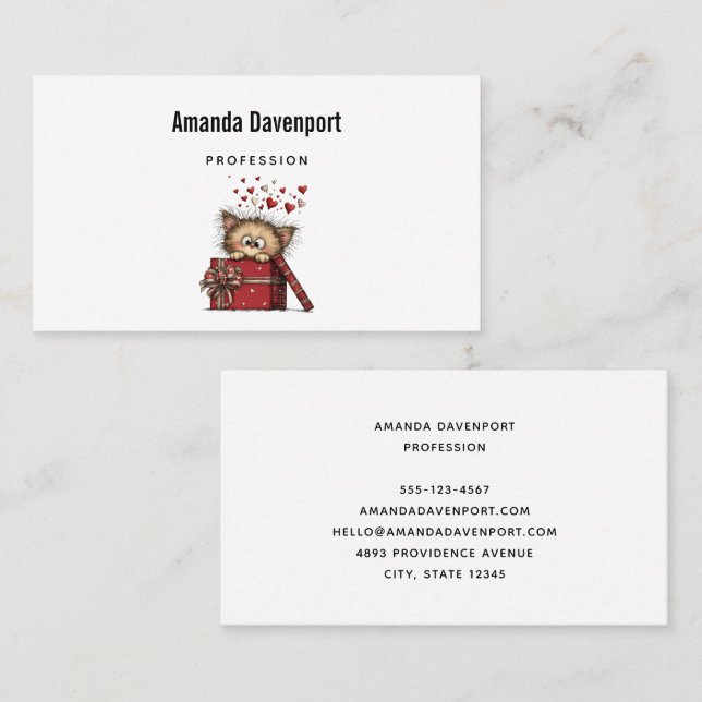 Cartão De Visita Cute Cartoon Kitten in a Box with Hearts (Frente/Verso)