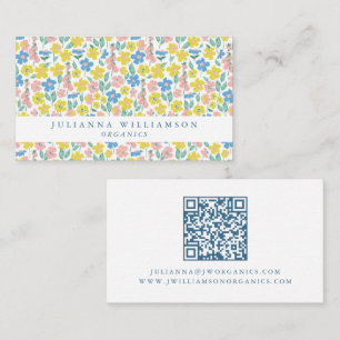 Cartão De Visita Cute Código QR Floral Moderno Azul e Amarelo