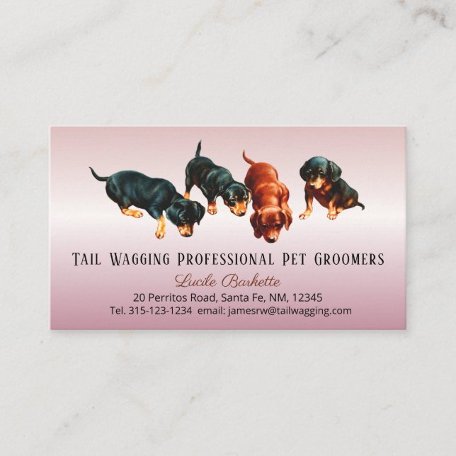 Cartão De Visita Cute Dachshund Doxie Pups Pet Grooming Rose Gold (Frente)