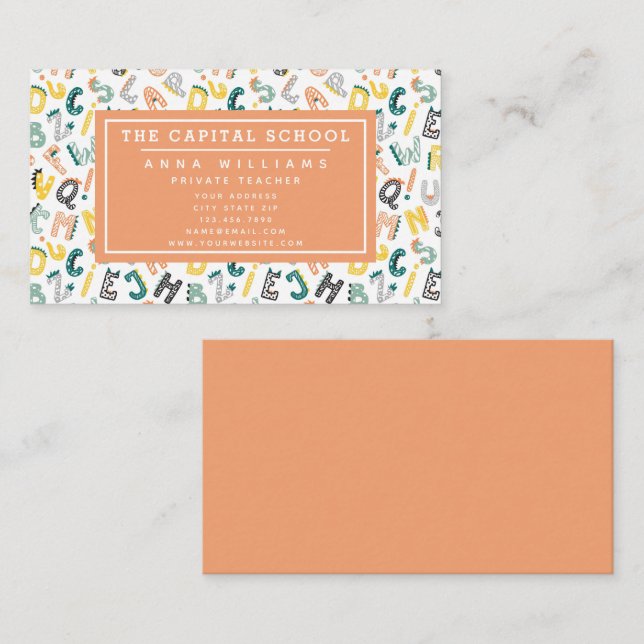 Cartão De Visita Cute Dino Alphabet - Professor | Tutor privado (Frente/Verso)