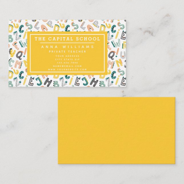 Cartão De Visita Cute Dino Alphabet - Professor | Tutor privado (Frente/Verso)