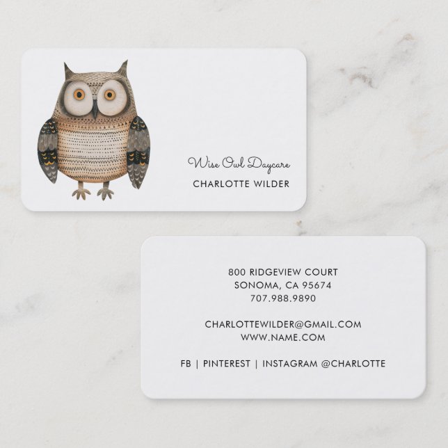 Cartão De Visita Cute Little Owl Daycare Business Card (Frente/Verso)