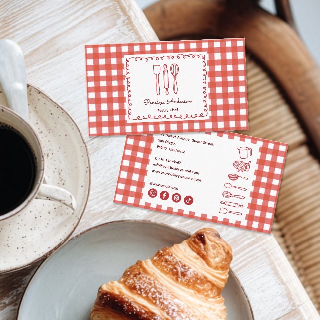 Cartão De Visita Cute Modern Farmhouse Gingham Social Icons (Criador carregado)