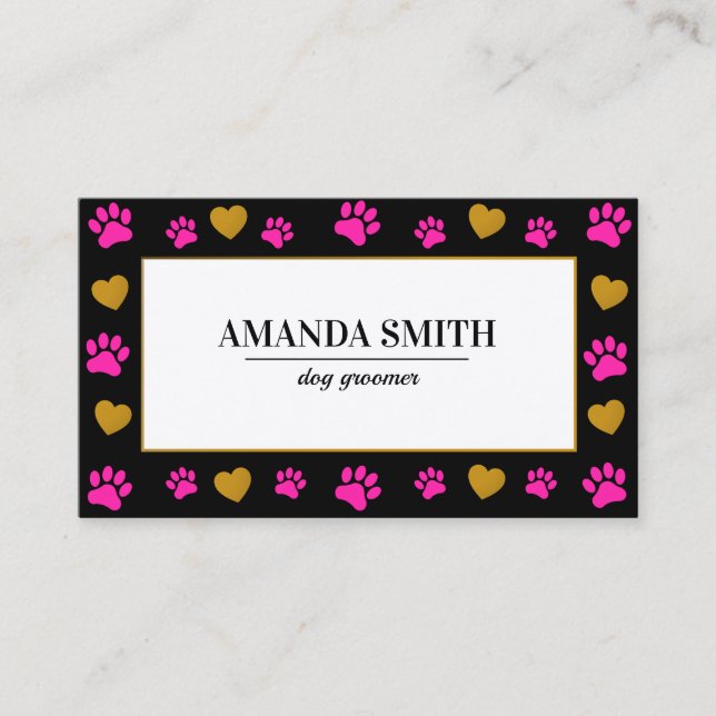 Cartão De Visita Cute Paw Prints Heart Dog Groomer Business Card (Frente)
