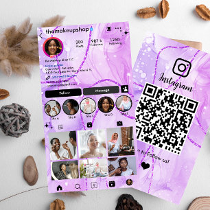 Cartão De Visita Cute roxo mármore Código QR Instagram Mídia Social