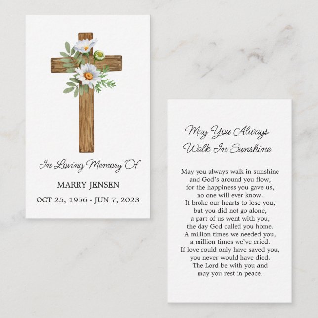 Cartão De Visita Daisy Cross Memorial Funeral Prayer Card (Frente/Verso)