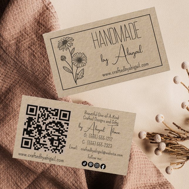 Cartão De Visita Daisy Floral Minimalist artesanal artesanal (Daisy Floral Minimalist Handmade Handcrafted Kraft Paper Business Card)