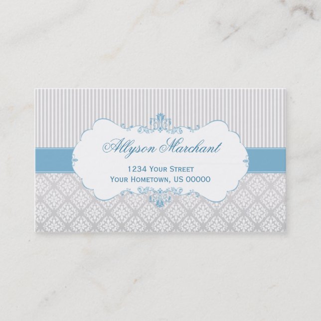 Cartão De Visita Damasco azul e listras do branco cinzento do (Frente)