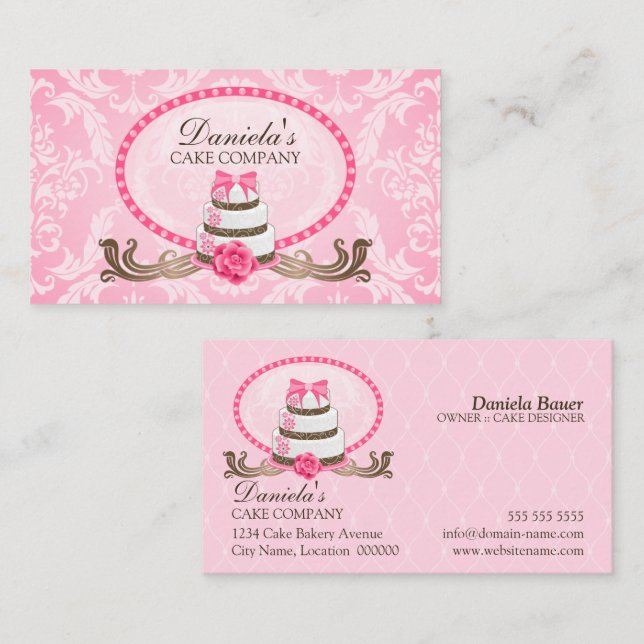 Cartão De Visita Damasco elegante da padaria do bolo (Frente/Verso)