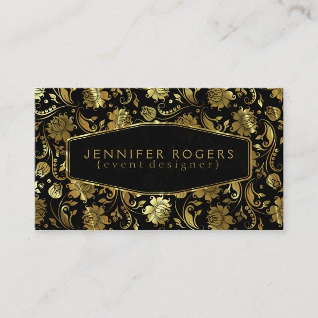 Cartão De Visita Damasco Floral Preto e Dourado 2c (Frente)
