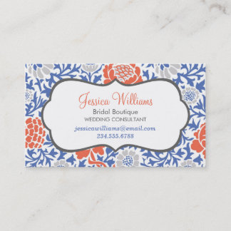 Cartão De Visita Damasco Floral Retro Azul e Coral