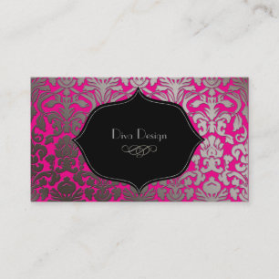 Cartão De Visita Damasco prateado fino/barroco preto/rosa quente