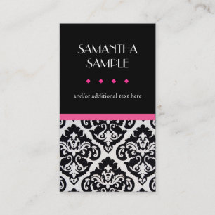 Cartão De Visita Damasco preto & branco, rosa quente