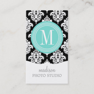 Cartão De Visita Damasco preto e branco elegante personalizado