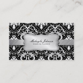 Cartão De Visita Damasco preto e branco moderno elegante com prata