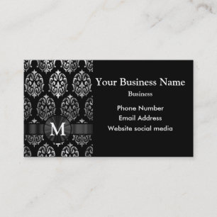 Cartão De Visita Damasco preto e de prata Monogrammed