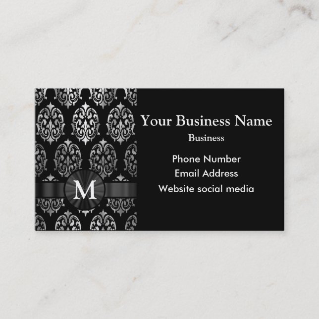 Cartão De Visita Damasco preto e de prata Monogrammed (Frente)