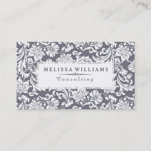 Cartão De Visita Damascos Florais da Cinza Branca e Azul (Frente)