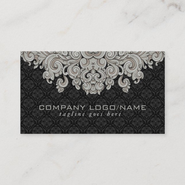 Cartão De Visita Damascos Florais da Cinza e Preto Elegante 2 (Frente)