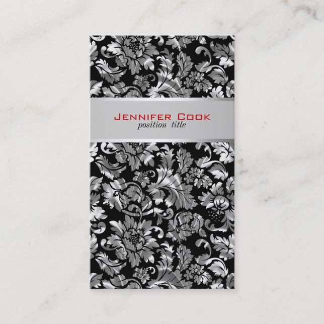 Cartão De Visita Damascos Florais De Cinzas Negra E Silver Elegante (Frente)