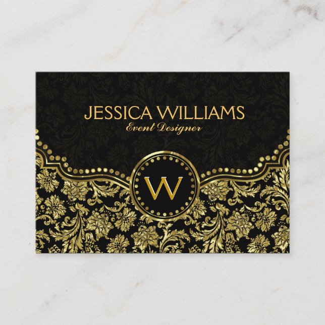Cartão De Visita Damascos Florais Elegantes Pretos e Dourados Vinta (Frente)