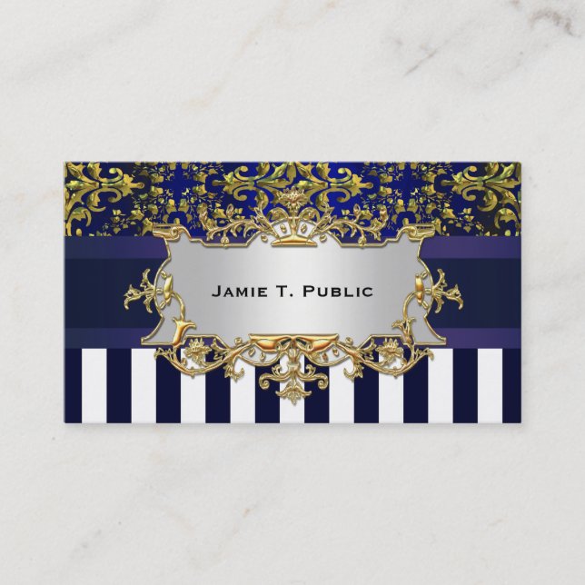 Cartão De Visita Damask Blue Stripe, Blue Ribbon, Dourado \Label (Frente)