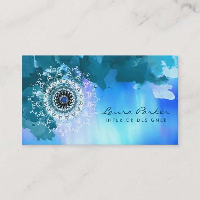 Cartão De Visita Damask Mandala Sea Abstrato Watercolor Blue (Frente)