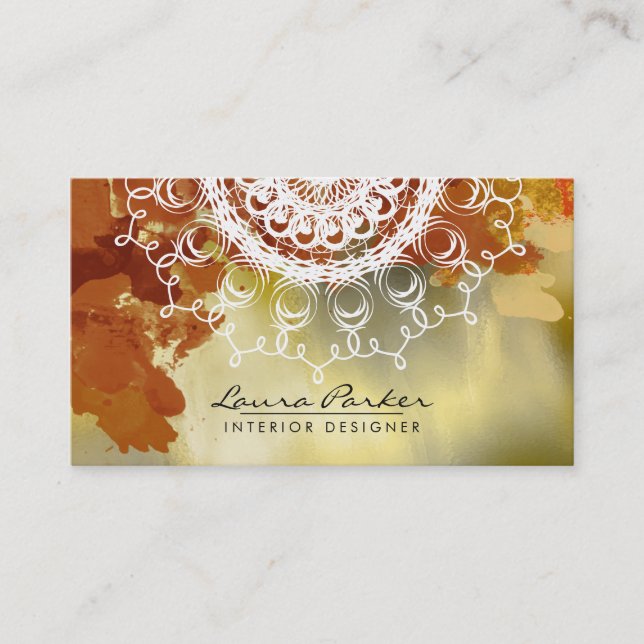 Cartão De Visita Damask Mandala Watercolor Artista Elegante Dourado (Frente)