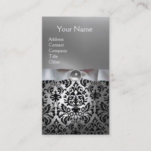 Cartão De Visita DAMASK MONOGRAM gem branca fita preta