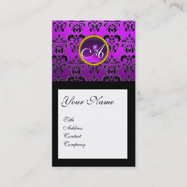 Cartão De Visita DAMASK SQUARE MONOGRAM, roxo, ametista violeta (Frente)