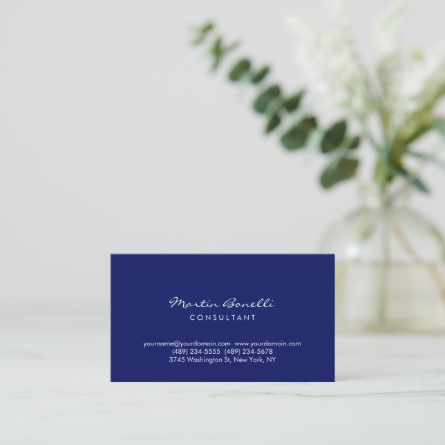 Cartão De Visita Dark Blue White Minimalist Script Plain Simple (Em pé/Frente)