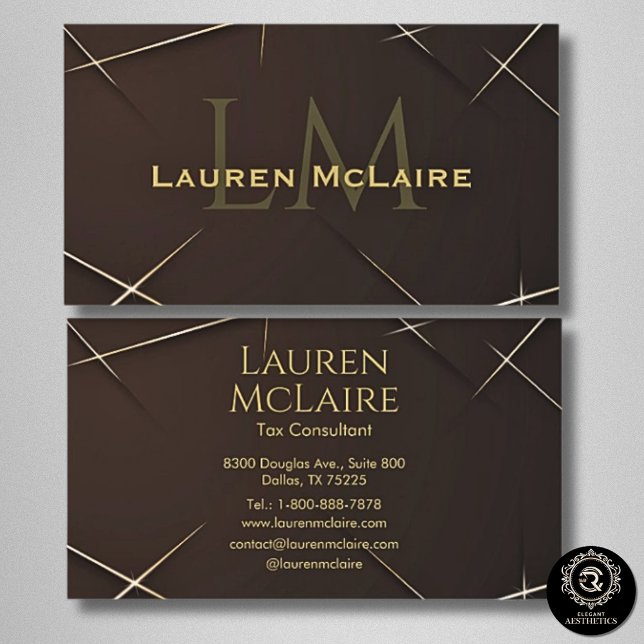 Cartão De Visita Dark Brown & Gold Accent Monogram Business Card (Criador carregado)