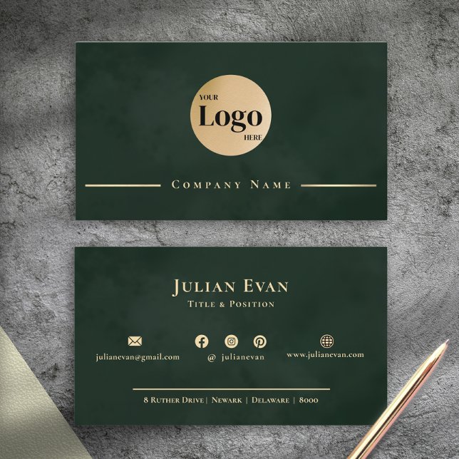Cartão De Visita Dark Emerald Green Gold Professional Company Logo (Dark Emerald Green Gold Professional Company Logo Business Card)